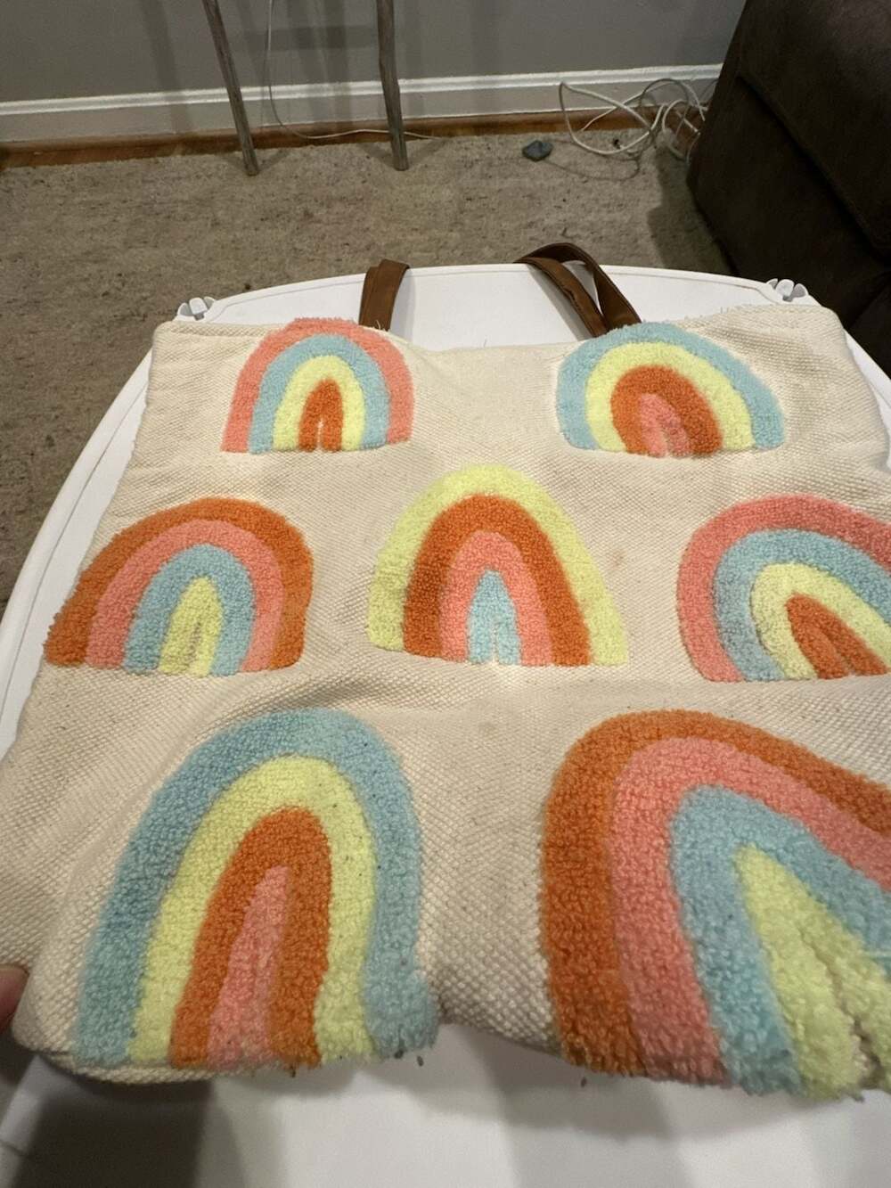 Canvas Tote Bag with Rainbow Tufted Detailing